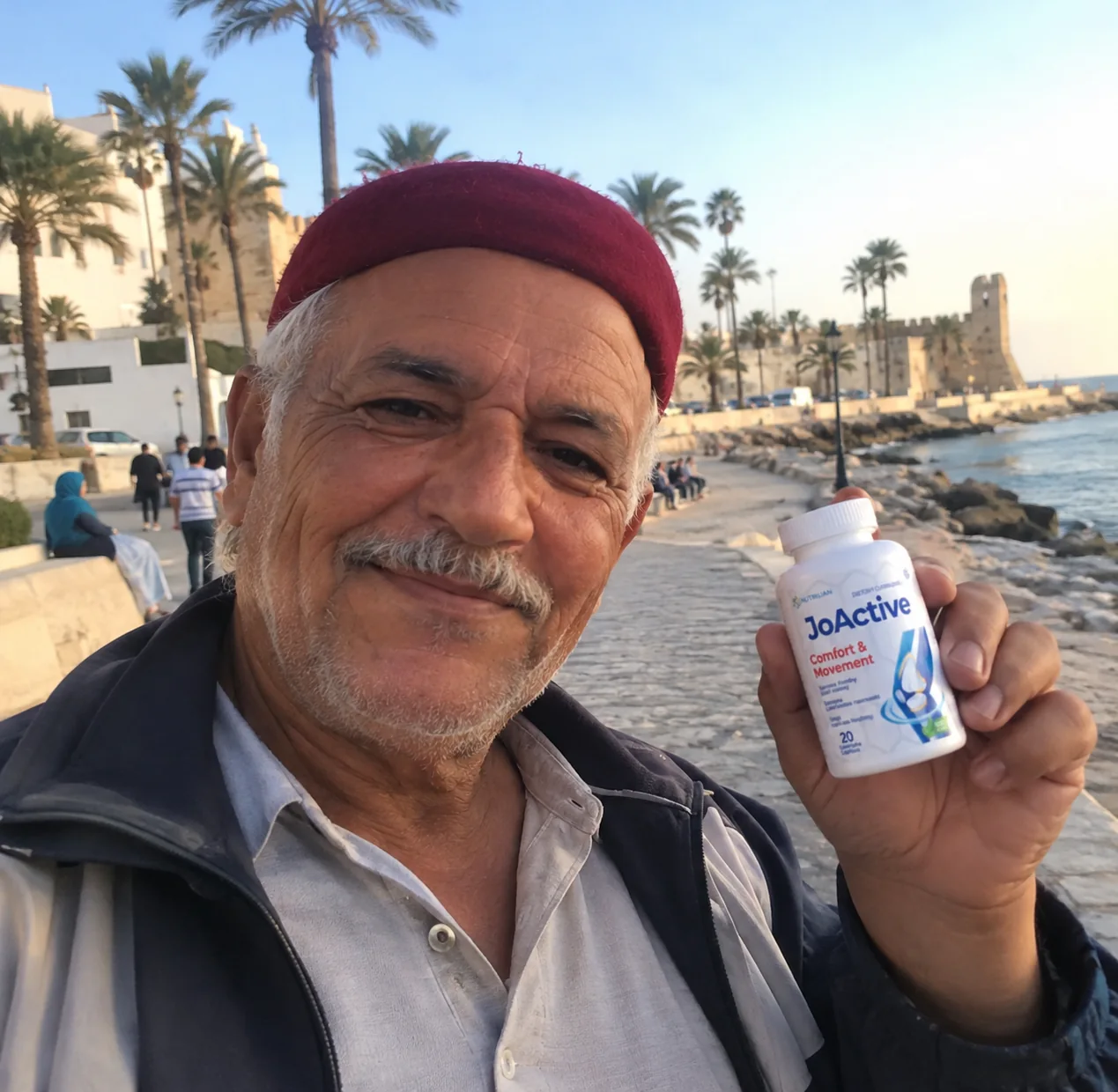 رجل كبير في السن على كورنيش سوسة يحمل عبوة JoActive