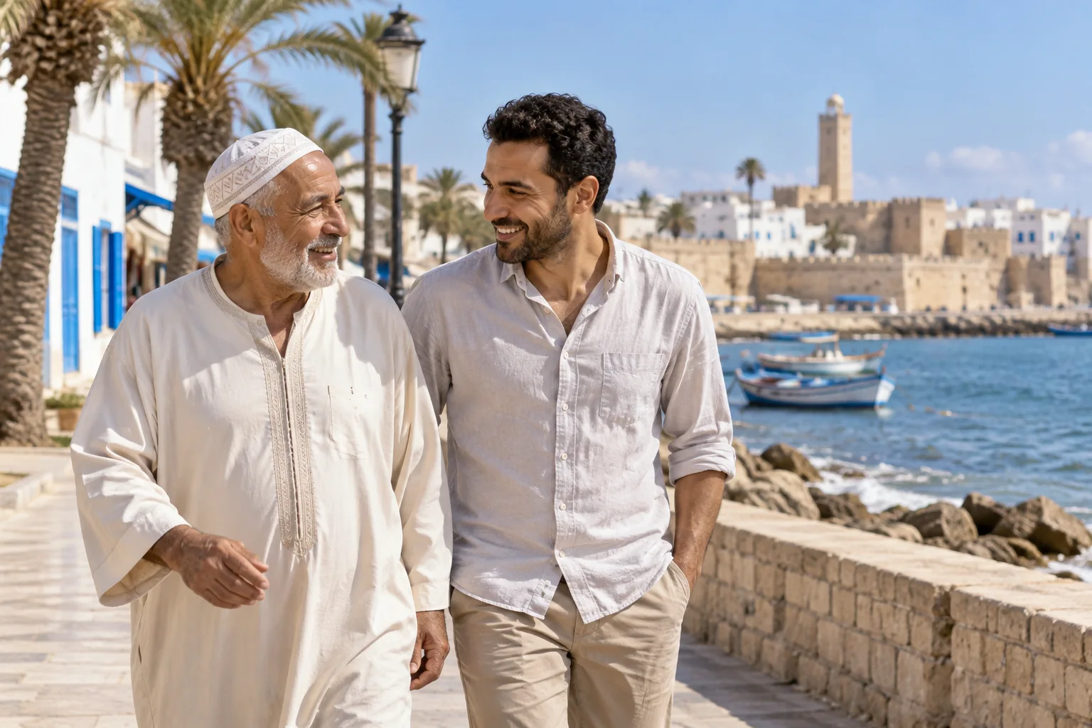 أب وابنه يتمشّيان مع بعضهما على البحر